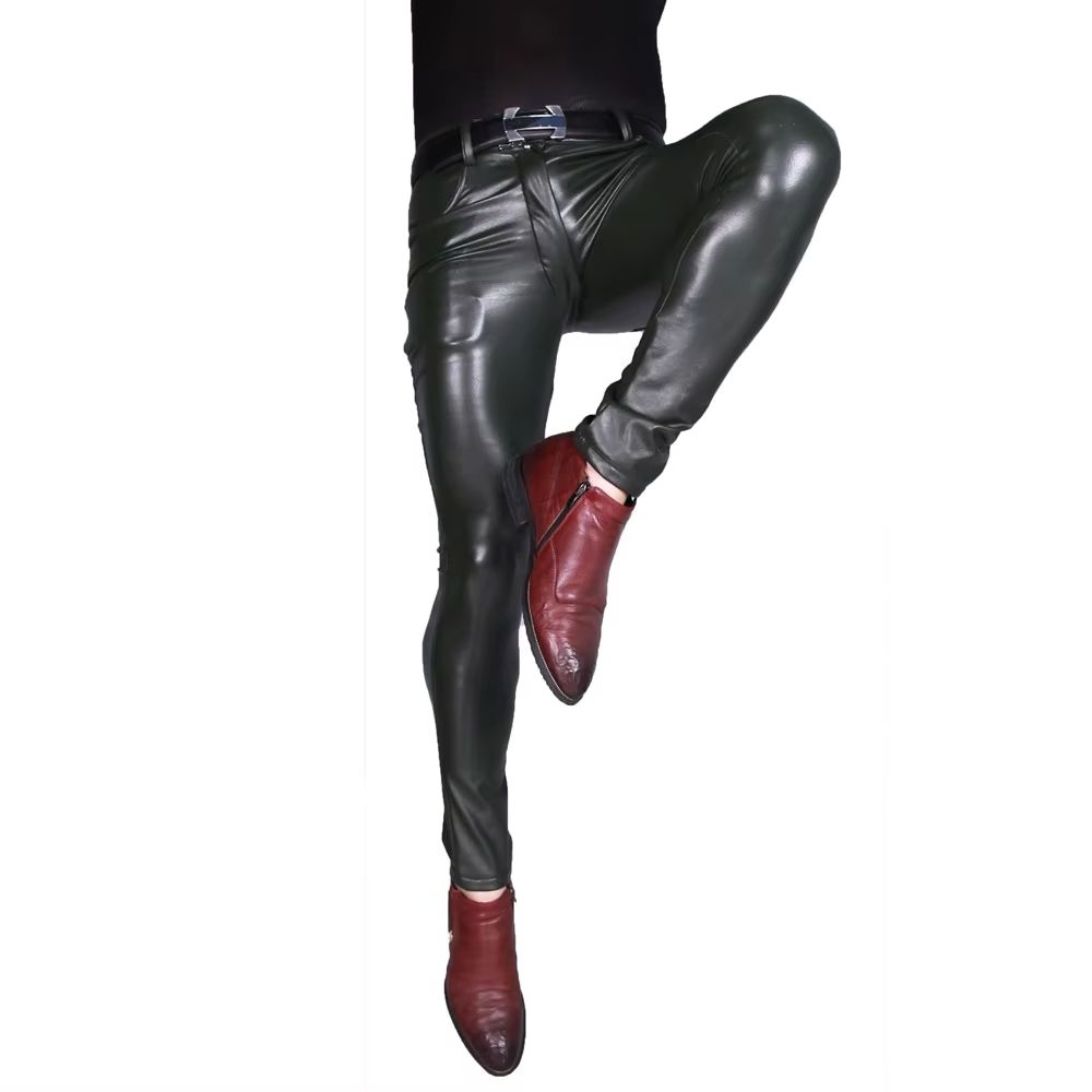 Mens Punk PU Faux Leather Trou - Skinny Jeans Ripped ulasan dan harga