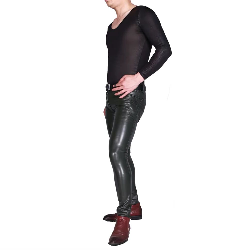 Mens Punk PU Faux Leather Trou - Skinny Jeans Ripped ulasan dan harga