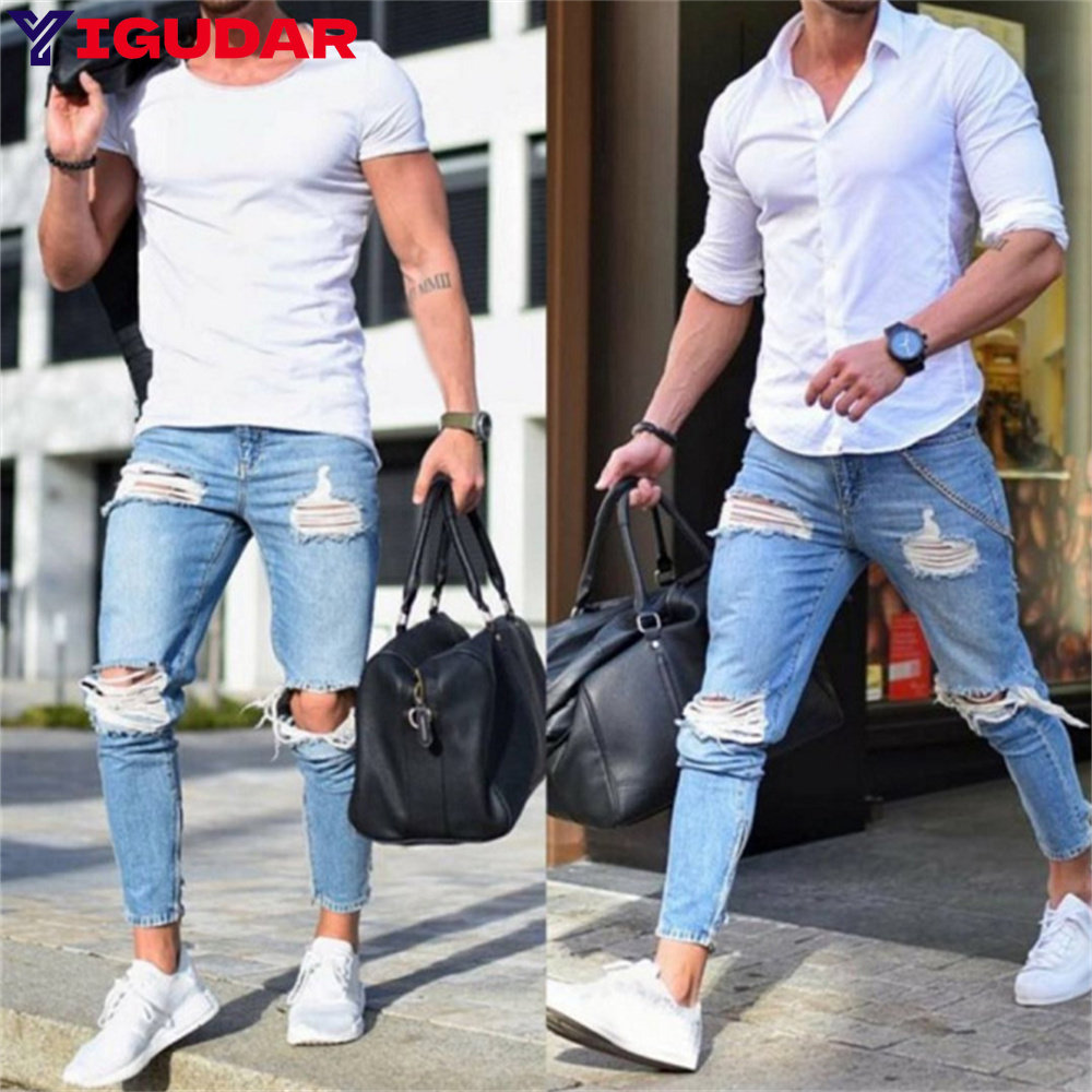 Streetwear Men's Stretch Jeans - Skinny Jeans Ripped ulasan dan harga