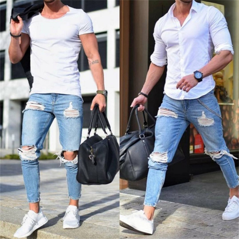 Streetwear Men's Stretch Jeans - Skinny Jeans Ripped ulasan dan harga