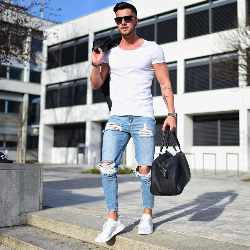 Streetwear Men's Stretch Jeans - Skinny Jeans Ripped ulasan dan harga