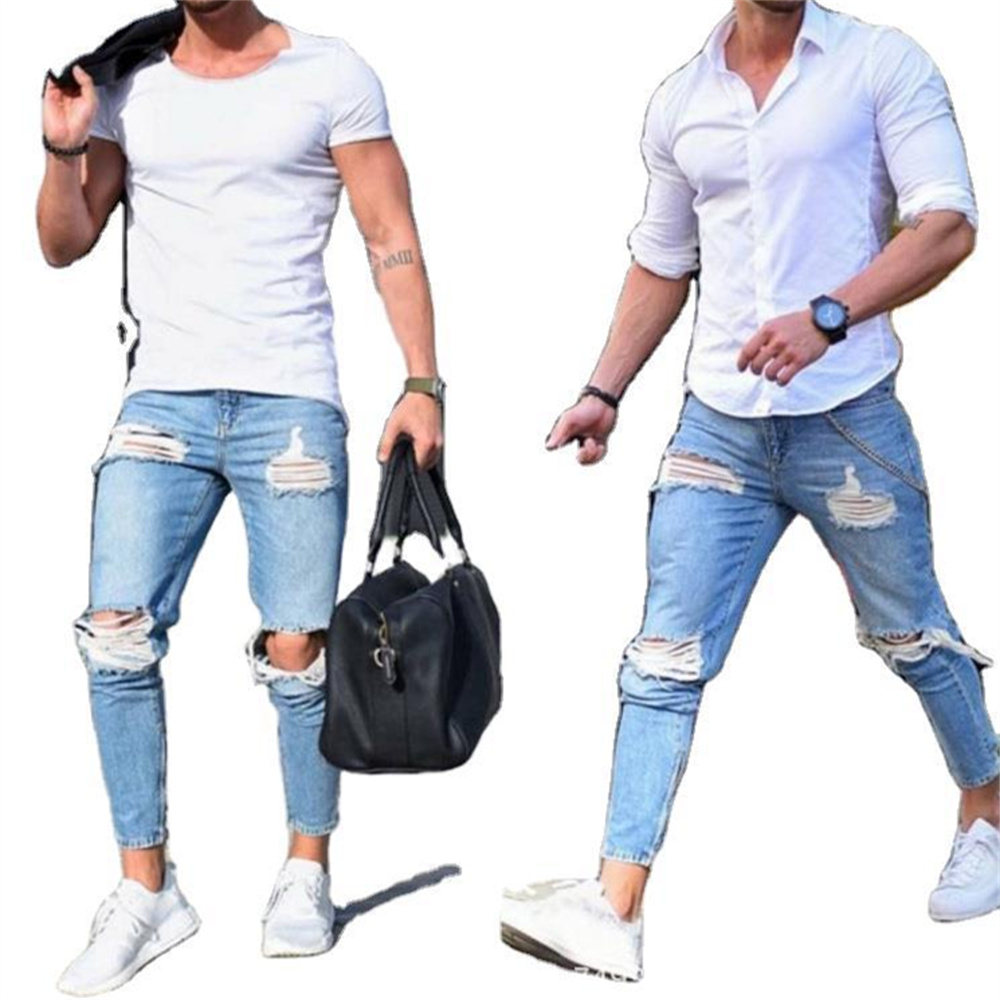 Streetwear Men's Stretch Jeans - Skinny Jeans Ripped ulasan dan harga