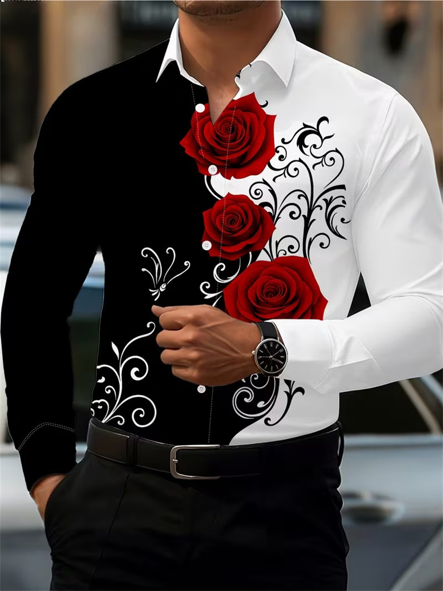 Men's Red Rose Print Long-Slee - Men'S Fashion Course ulasan dan harga