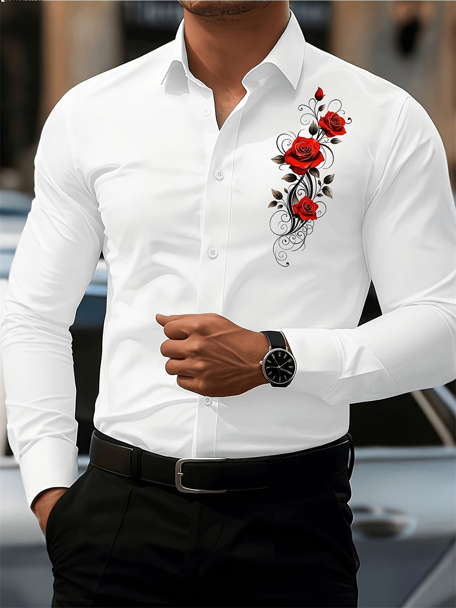 Men's Red Rose Print Long-Slee - Men'S Fashion Course ulasan dan harga