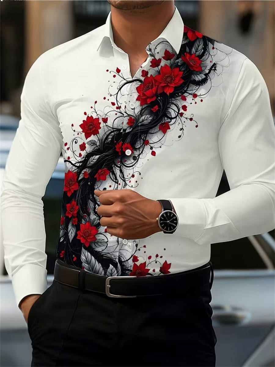 Men's Red Rose Print Long-Slee - Men'S Fashion Course ulasan dan harga